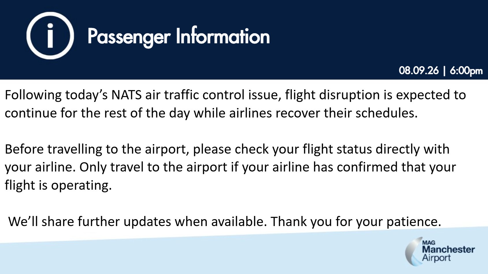 Manchester Airport Passenger Information notice dated 08.09.26 at 6:00pm about the NATS air traffic control issue