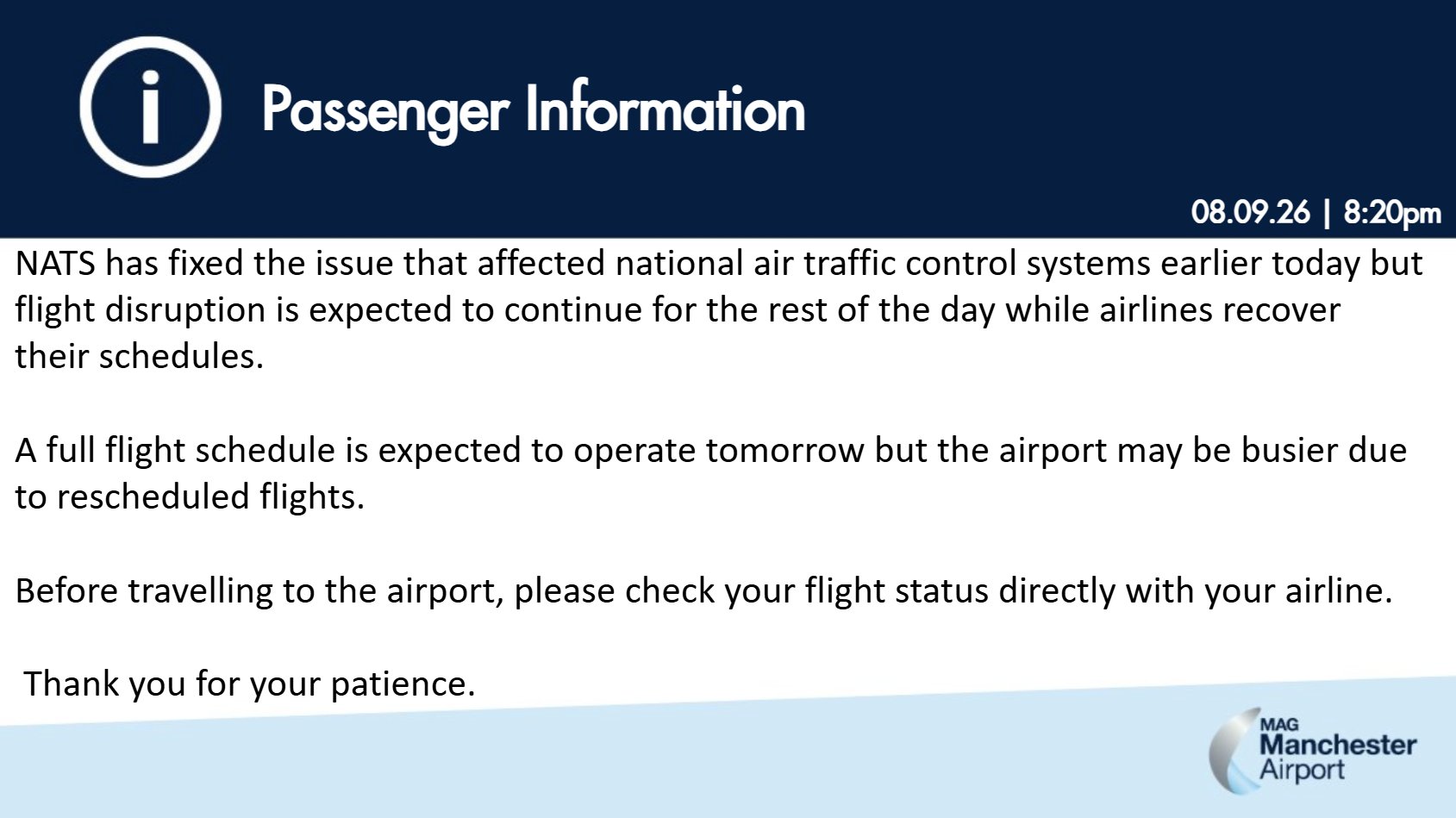 Manchester Airport Passenger Information notice dated 08.09.26 at 8:20pm confirming NATS had fixed the air traffic control issue