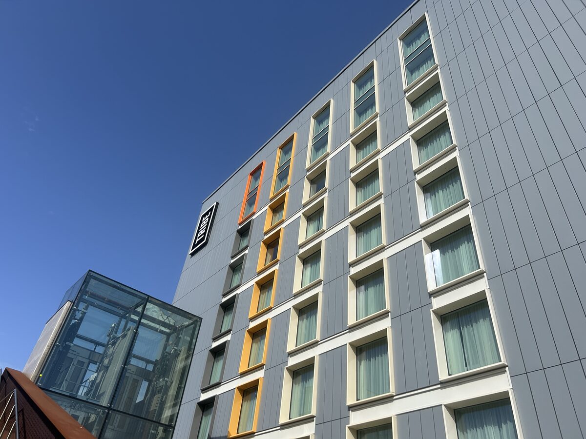 Tribe Hotel exterior close-up showing modern architecture