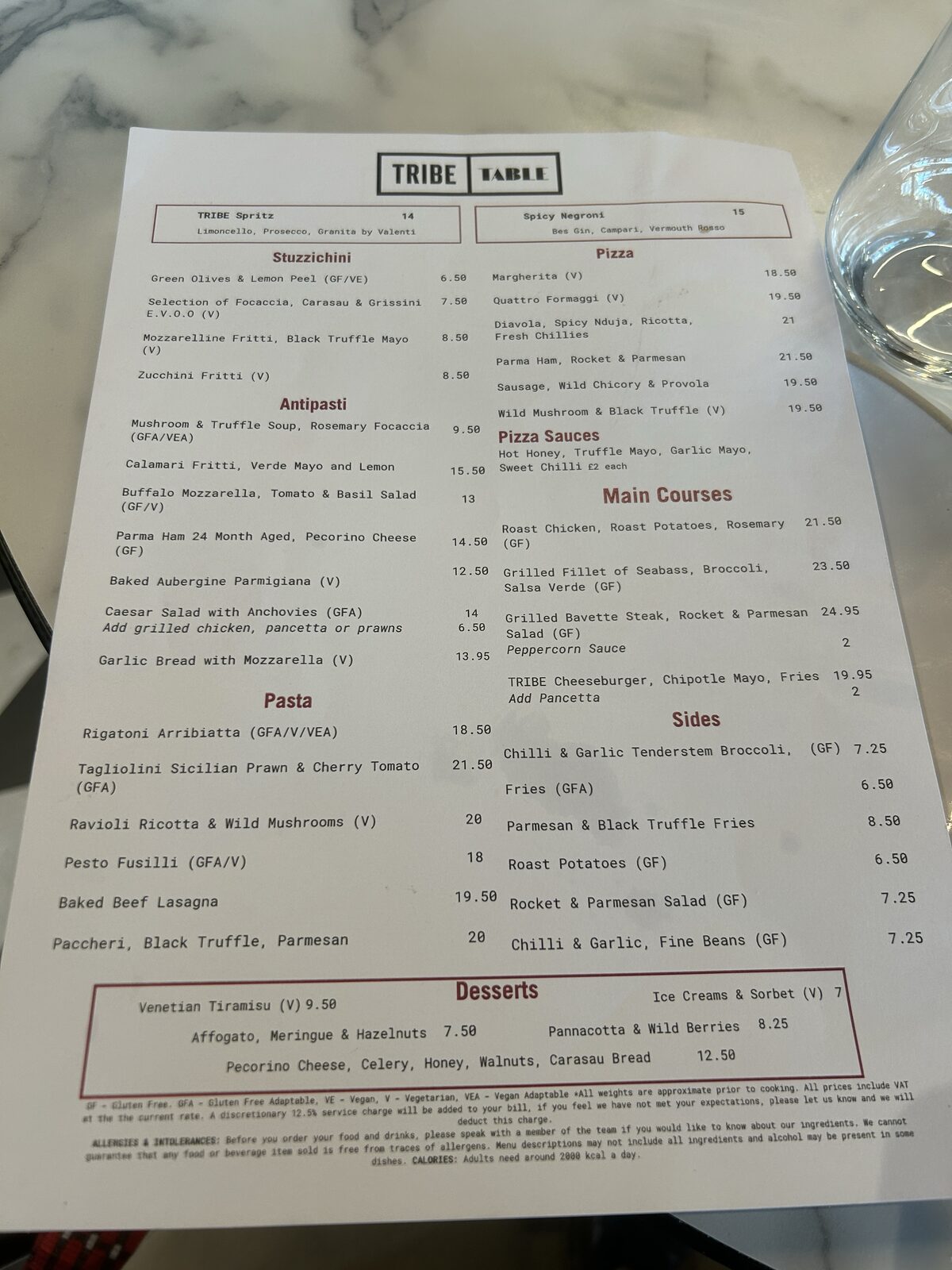 Tribe Table food menu