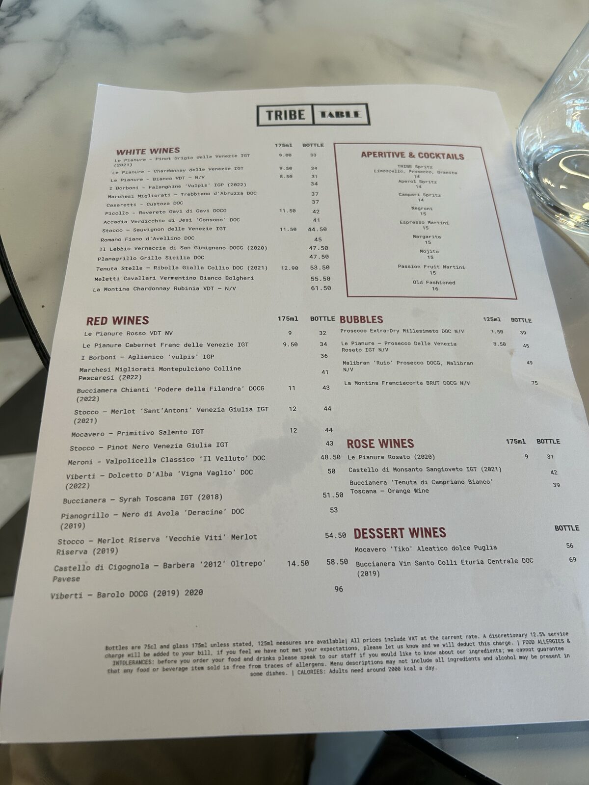 Tribe Table wine and drinks menu