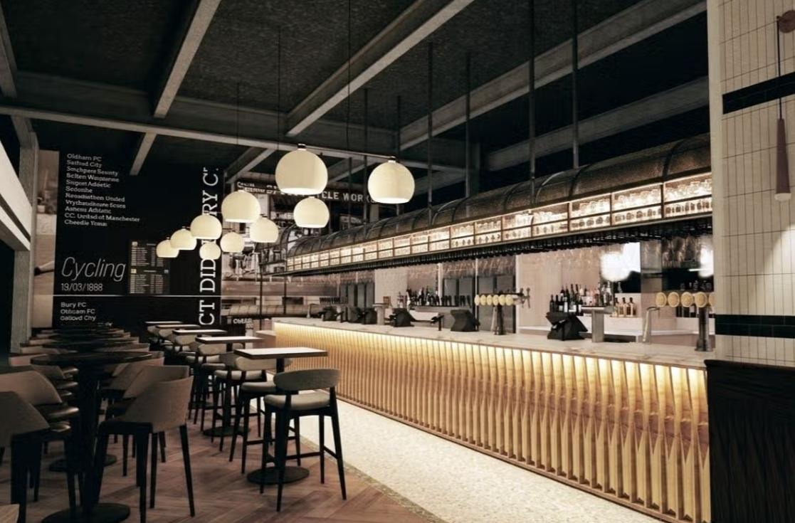 Artist's impression of a sports clubhouse style room inside The Belle Vue at Manchester Airport Terminal 2, with memorabilia shelving, a wall-mounted screen and patterned tiled flooring