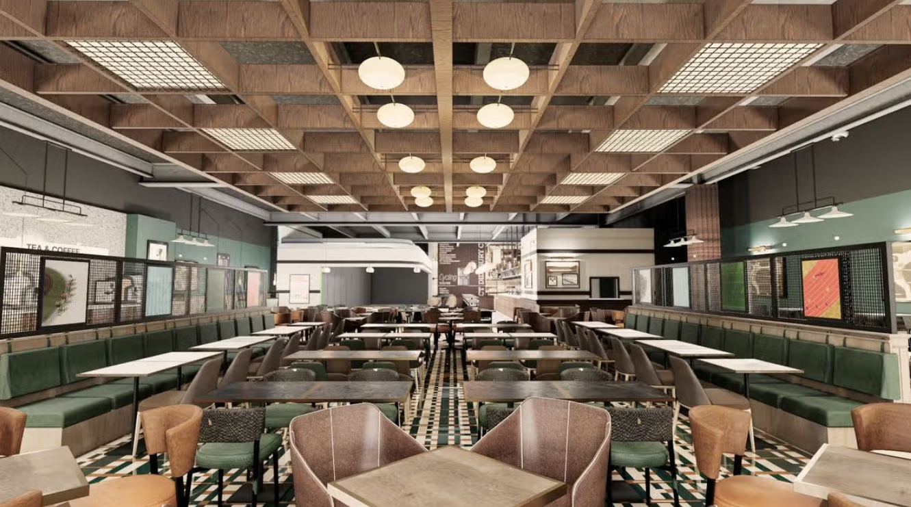 Artist's impression of the main bar inside The Belle Vue Wetherspoon at Manchester Airport Terminal 2, with a long counter, globe pendant lights and a sports honours board